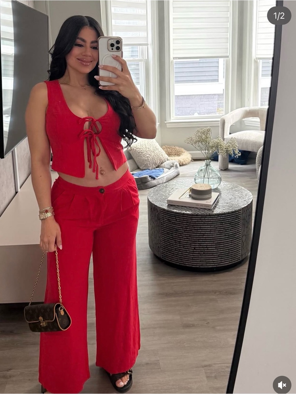 Red Tie-Front Crop Top & Wide-Leg Pants Set - Women